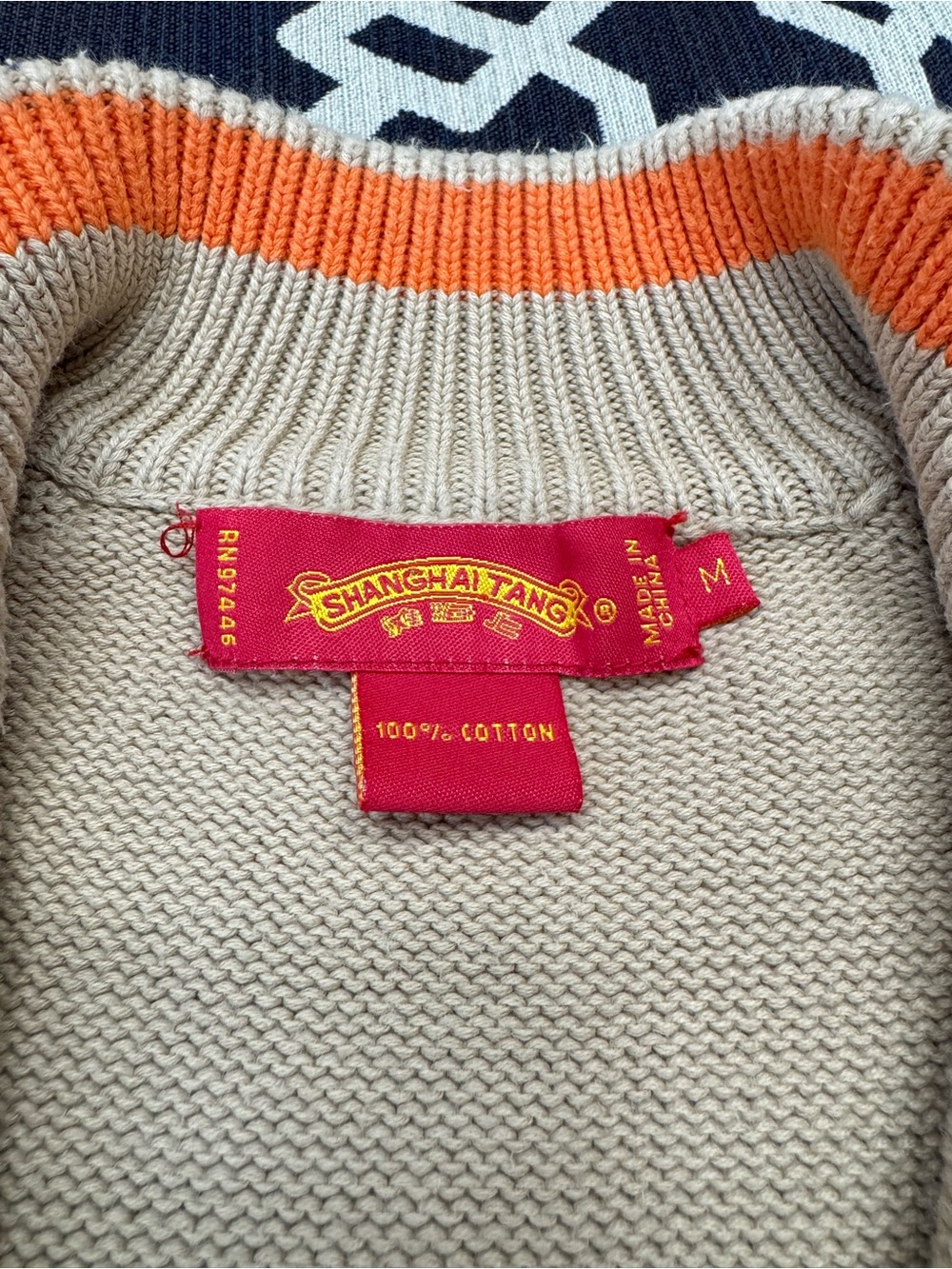 Shanghai Tang Cotton Quarter Zip Sweater Beige Orange Dragon Patch Embroidery - Picture 5 of 10